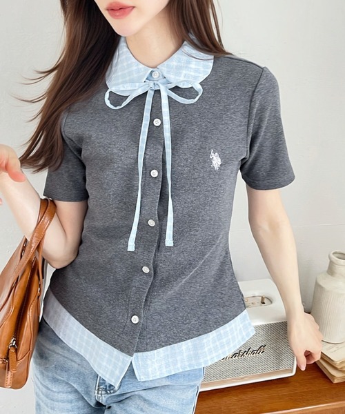 U.S. POLO ASSN.(ユーエスポロアッスン)の「【Ada.別注 U.S. POLO ASSN.】チェックドッキング リボン 半袖 カーディガン レイヤード風 トップス ◎(シャツ/ブラウス・レディース・ネイビー/ピンク/チャコール・FREE)」の4枚目の写真
