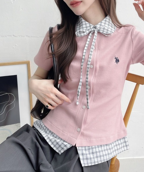 U.S. POLO ASSN.(ユーエスポロアッスン)の「【Ada.別注 U.S. POLO ASSN.】チェックドッキング リボン 半袖 カーディガン レイヤード風 トップス ◎(シャツ/ブラウス・レディース・ネイビー/ピンク/チャコール・FREE)」の6枚目の写真