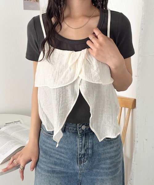 CLEA（クレア）の「キャミソール付きレイヤードシアーカットソー（Tシャツ/カットソー・レディース・ピンク/アイボリー/ブルー/ブラック・FREE）」の7枚目の写真