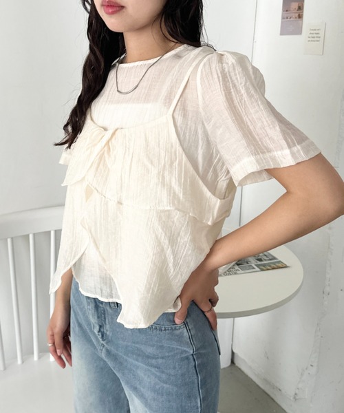 CLEA（クレア）の「キャミソール付きレイヤードシアーカットソー（Tシャツ/カットソー・レディース・ピンク/アイボリー/ブルー/ブラック・FREE）」の5枚目の写真