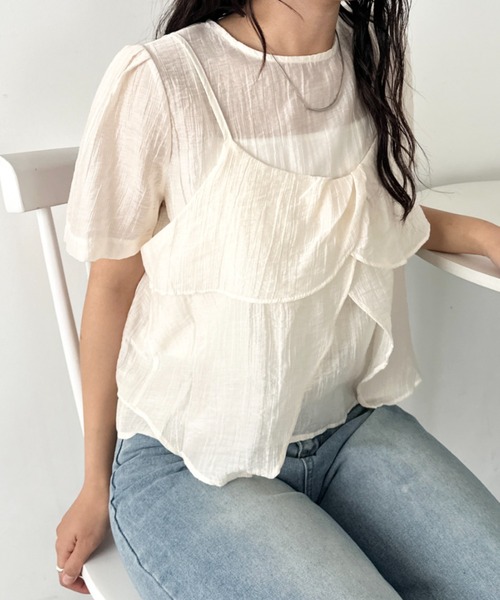CLEA（クレア）の「キャミソール付きレイヤードシアーカットソー（Tシャツ/カットソー・レディース・ピンク/アイボリー/ブルー/ブラック・FREE）」の6枚目の写真