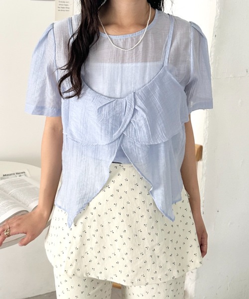 CLEA（クレア）の「キャミソール付きレイヤードシアーカットソー（Tシャツ/カットソー・レディース・ピンク/アイボリー/ブルー/ブラック・FREE）」の15枚目の写真