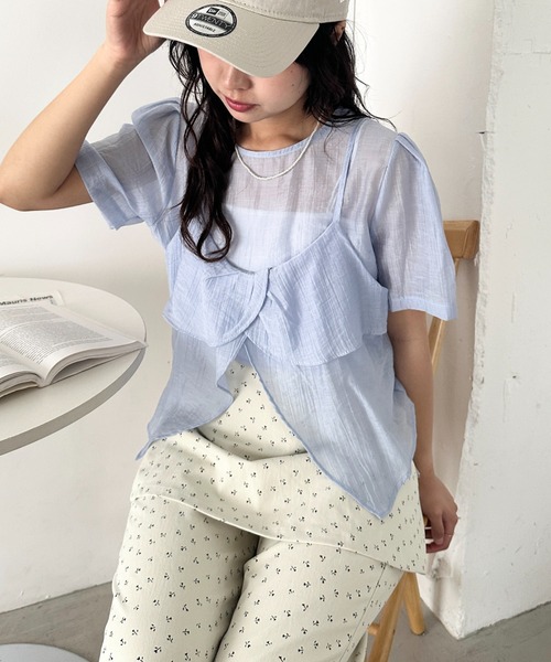 CLEA（クレア）の「キャミソール付きレイヤードシアーカットソー（Tシャツ/カットソー・レディース・ピンク/アイボリー/ブルー/ブラック・FREE）」の19枚目の写真