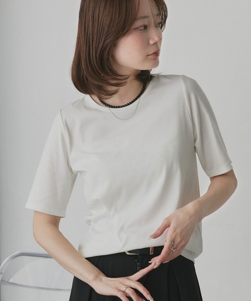 ad thie(アドティエ)の「CICA配合 ベーシック リブトップス(Tシャツ/カットソー・レディース・ブラック/オフホワイト・FREE)」の2枚目の写真