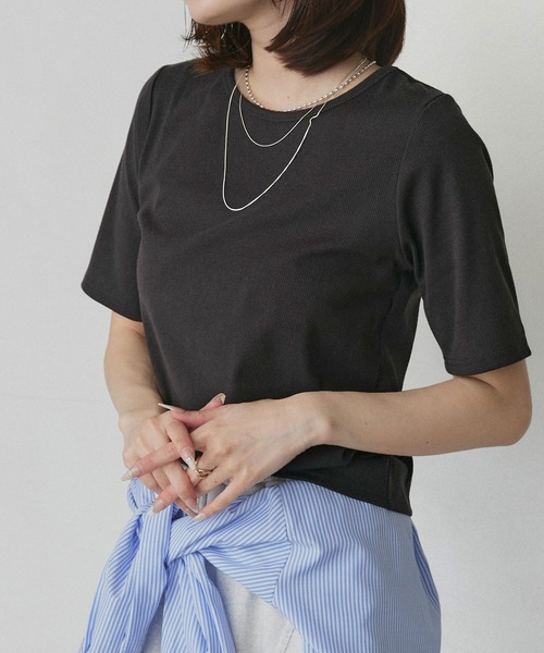 ad thie(アドティエ)の「CICA配合 ベーシック リブトップス(Tシャツ/カットソー・レディース・ブラック/オフホワイト・FREE)」の1枚目の写真
