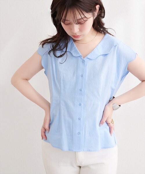 natural couture（ナチュラルクチュール）の「ゆるスカラップレトロブラウス（シャツ/ブラウス・レディース・ブルー/オフホワイト/ブラック/ドット/チェック・FREE）」の3枚目の写真