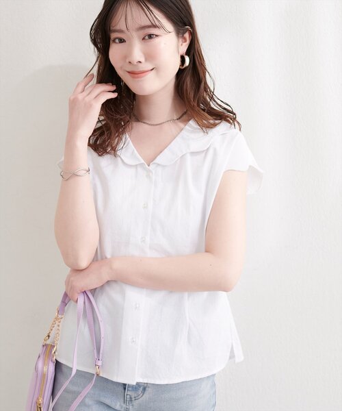natural couture（ナチュラルクチュール）の「ゆるスカラップレトロブラウス（シャツ/ブラウス・レディース・ブルー/オフホワイト/ブラック/ドット/チェック・FREE）」の7枚目の写真