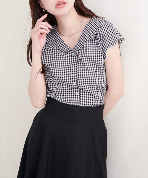 natural couture（ナチュラルクチュール）の「ゆるスカラップレトロブラウス（シャツ/ブラウス・レディース・ブルー/オフホワイト/ブラック/ドット/チェック・FREE）」の19枚目の写真