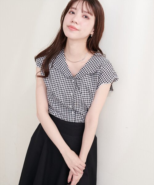 natural couture（ナチュラルクチュール）の「ゆるスカラップレトロブラウス（シャツ/ブラウス・レディース・ブルー/オフホワイト/ブラック/ドット/チェック・FREE）」の20枚目の写真