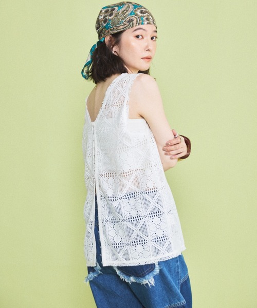 MIRROR STOKE(ミラーストーク)の「【ZOZO限定】LACE SLEEVELESS TOPS/レーススリーブレストップス(シャツ/ブラウス・レディース・ブラック/オフホワイト・MEDIUM)」の1枚目の写真
