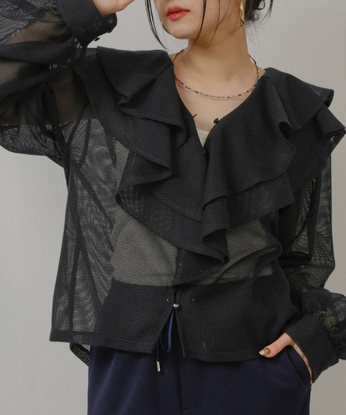 palm RICHE(ポームリシュ)の「メッシュフリルBL(シャツ/ブラウス・レディース・ブラック/オフホワイト/ネイビー・M)」の3枚目の写真