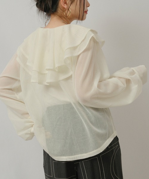 palm RICHE(ポームリシュ)の「メッシュフリルBL(シャツ/ブラウス・レディース・ブラック/オフホワイト/ネイビー・M)」の11枚目の写真