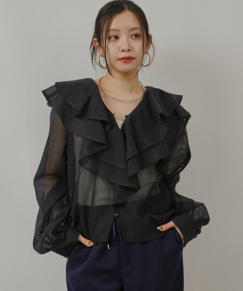 palm RICHE(ポームリシュ)の「メッシュフリルBL(シャツ/ブラウス・レディース・ブラック/オフホワイト/ネイビー・M)」の16枚目の写真