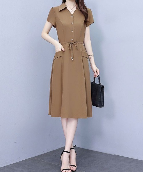 mielu(ミエル)の「ウエストリボンクラシックワンピース(ワンピース・レディース・ネイビー/ブラウン・LARGE/MEDIUM)」の4枚目の写真
