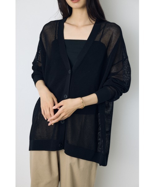 AZUL by moussy（アズールバイマウジー）の「【身長別着用画像あり】コードヤーンメッシュカーデ　メッシュトップス　シアートップス　シアーカーディガン　透け感　羽織　冷房対策（カーディガン/ボレロ・レディース・オフホワイト/ブラウン/ブラック・MEDIUM/SMALL）」の3枚目の写真