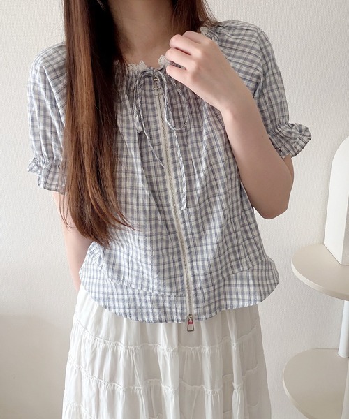 Nana(ナナ)の「レースチェックジップブラウス(シャツ/ブラウス・レディース・ブルー・FREE)」の7枚目の写真