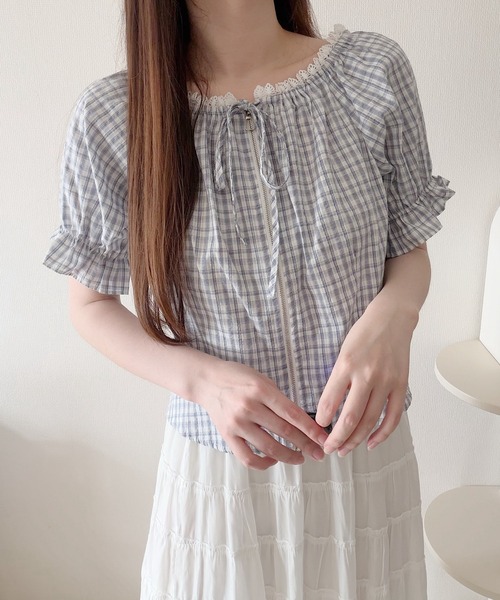 Nana(ナナ)の「レースチェックジップブラウス(シャツ/ブラウス・レディース・ブルー・FREE)」の9枚目の写真