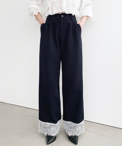 moment+(モーメントプラス)の「裾レースツータックセミワイドスラックスパンツ(その他パンツ・レディース・ネイビー/ホワイト系その他/ブラック/ブラック系その他/アイボリー/グレイッシュベージュ・M)」の6枚目の写真