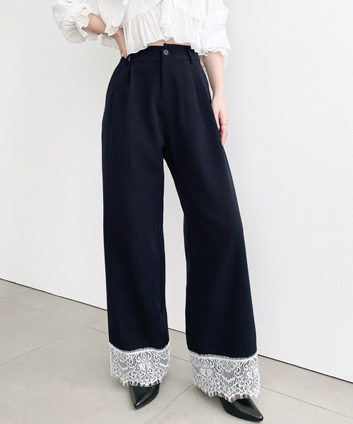 moment+(モーメントプラス)の「裾レースツータックセミワイドスラックスパンツ(その他パンツ・レディース・ネイビー/ホワイト系その他/ブラック/ブラック系その他/アイボリー/グレイッシュベージュ・M)」の7枚目の写真