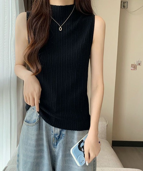 boemy(ボエミー)の「モックネック ノースリーブリブサマーニット(Tシャツ/カットソー・レディース・ホワイト/ブラウン/ブラック/カーキ・FREE)」の1枚目の写真