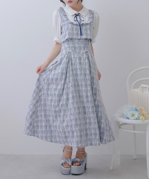 DearMyLoveRose(ディアマイラブローズ)の「ヨークフリルセットアップ風ドッキング半袖ワンピース(ワンピース・レディース・ブラック/ブルーグレー/ピンク・LL~3L/L~LL/M-L)」の2枚目の写真