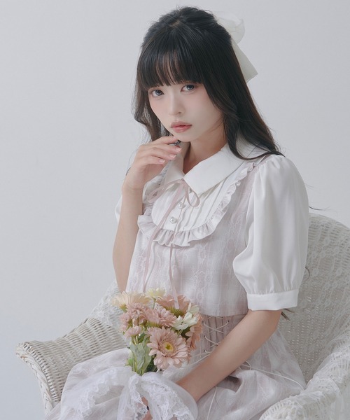 DearMyLoveRose(ディアマイラブローズ)の「ヨークフリルセットアップ風ドッキング半袖ワンピース(ワンピース・レディース・ブラック/ブルーグレー/ピンク・LL~3L/L~LL/M-L)」の5枚目の写真
