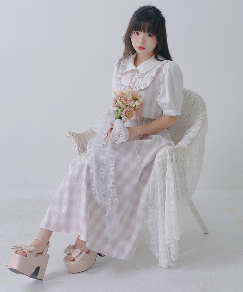 DearMyLoveRose(ディアマイラブローズ)の「ヨークフリルセットアップ風ドッキング半袖ワンピース(ワンピース・レディース・ブラック/ブルーグレー/ピンク・LL~3L/L~LL/M-L)」の6枚目の写真