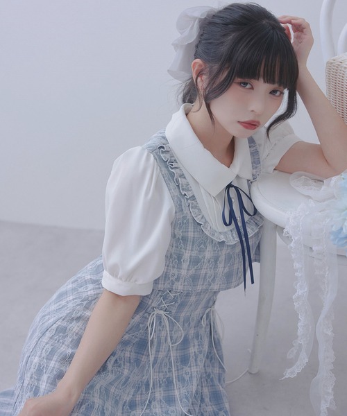 DearMyLoveRose(ディアマイラブローズ)の「ヨークフリルセットアップ風ドッキング半袖ワンピース(ワンピース・レディース・ブラック/ブルーグレー/ピンク・LL~3L/L~LL/M-L)」の7枚目の写真