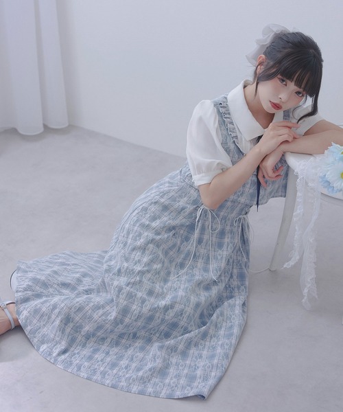 DearMyLoveRose(ディアマイラブローズ)の「ヨークフリルセットアップ風ドッキング半袖ワンピース(ワンピース・レディース・ブラック/ブルーグレー/ピンク・LL~3L/L~LL/M-L)」の8枚目の写真