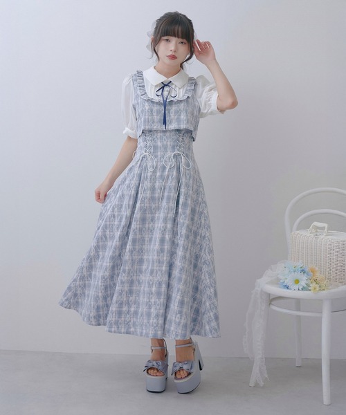 DearMyLoveRose(ディアマイラブローズ)の「ヨークフリルセットアップ風ドッキング半袖ワンピース(ワンピース・レディース・ブラック/ブルーグレー/ピンク・LL~3L/L~LL/M-L)」の9枚目の写真