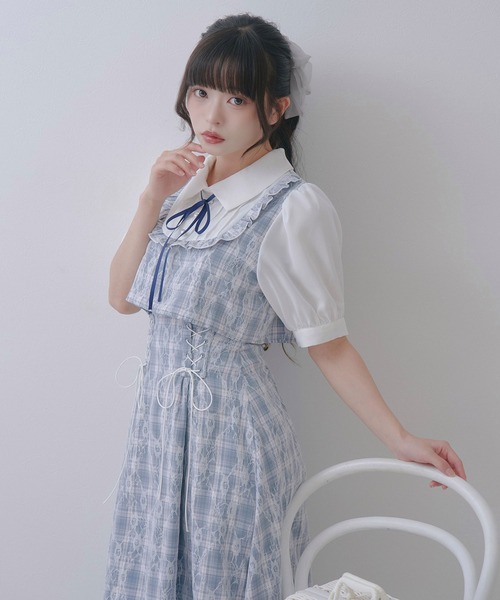 DearMyLoveRose(ディアマイラブローズ)の「ヨークフリルセットアップ風ドッキング半袖ワンピース(ワンピース・レディース・ブラック/ブルーグレー/ピンク・LL~3L/L~LL/M-L)」の10枚目の写真