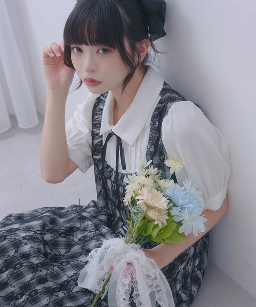 DearMyLoveRose(ディアマイラブローズ)の「ヨークフリルセットアップ風ドッキング半袖ワンピース(ワンピース・レディース・ブラック/ブルーグレー/ピンク・LL~3L/L~LL/M-L)」の11枚目の写真