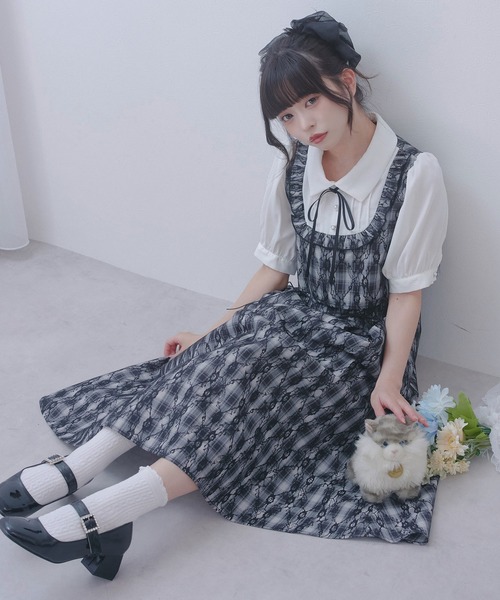 DearMyLoveRose(ディアマイラブローズ)の「ヨークフリルセットアップ風ドッキング半袖ワンピース(ワンピース・レディース・ブラック/ブルーグレー/ピンク・LL~3L/L~LL/M-L)」の12枚目の写真