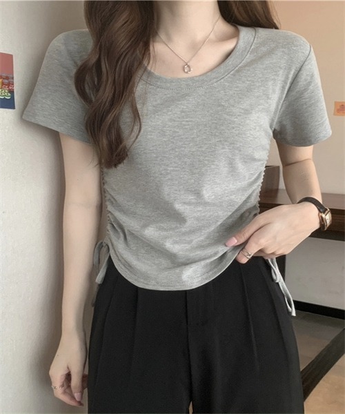 Dream garden(ドリームガーデン)の「サイド紐シャーリングTシャツ(Tシャツ/カットソー・レディース・ホワイト/ブラック/グレー/ブラウン/ピンク・L/XL/XXL/M)」の3枚目の写真