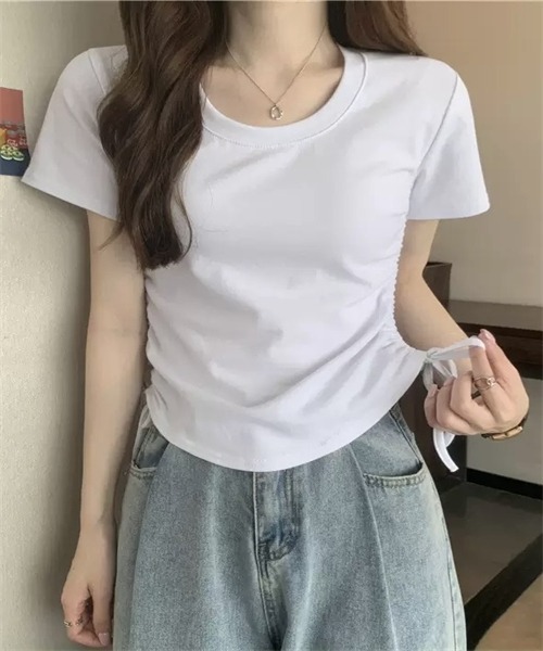 Dream garden(ドリームガーデン)の「サイド紐シャーリングTシャツ(Tシャツ/カットソー・レディース・ホワイト/ブラック/グレー/ブラウン/ピンク・L/XL/XXL/M)」の1枚目の写真