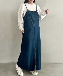 高身長さんも嬉しい♪LONGサイズ展開有 フロントジップデニムロングジャンパースカート デニムジャンスカ