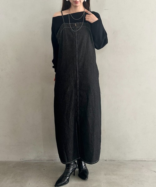 MYMOOD.(マイムード)の「高身長さんも嬉しい♪LONGサイズ展開有 フロントジップデニムロングジャンパースカート デニムジャンスカ(ワンピース・レディース・ブラック/ブルー・FREE/LONG)」の2枚目の写真
