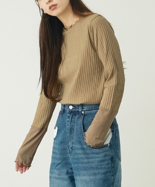 zootie（ズーティー）の「シアースリーブ リブカットソー［クルーネック］（Tシャツ/カットソー・レディース・ライトベージュ/ブラック×グレー/ブラック/ベージュ/ホワイト×グレー/ライトグレー/グレー系その他・L/M/LL）」の6枚目の写真