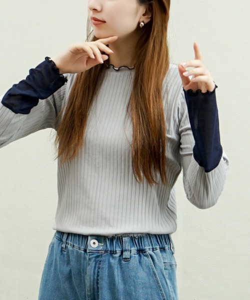 zootie（ズーティー）の「シアースリーブ リブカットソー［クルーネック］（Tシャツ/カットソー・レディース・ライトベージュ/ブラック×グレー/ブラック/ベージュ/ホワイト×グレー/ライトグレー/グレー系その他・L/M/LL）」の5枚目の写真