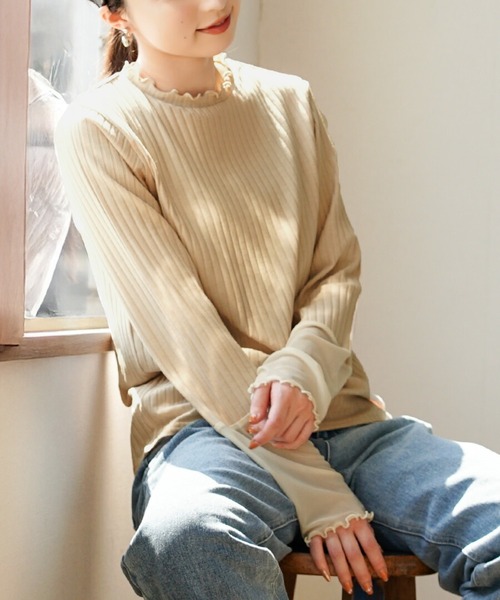 zootie（ズーティー）の「シアースリーブ リブカットソー［クルーネック］（Tシャツ/カットソー・レディース・ライトベージュ/ブラック×グレー/ブラック/ベージュ/ホワイト×グレー/ライトグレー/グレー系その他・L/M/LL）」の7枚目の写真