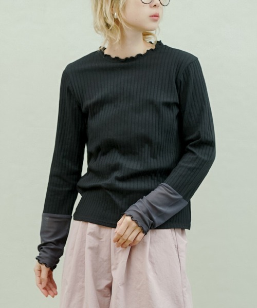 zootie（ズーティー）の「シアースリーブ リブカットソー［クルーネック］（Tシャツ/カットソー・レディース・ライトベージュ/ブラック×グレー/ブラック/ベージュ/ホワイト×グレー/ライトグレー/グレー系その他・L/M/LL）」の3枚目の写真