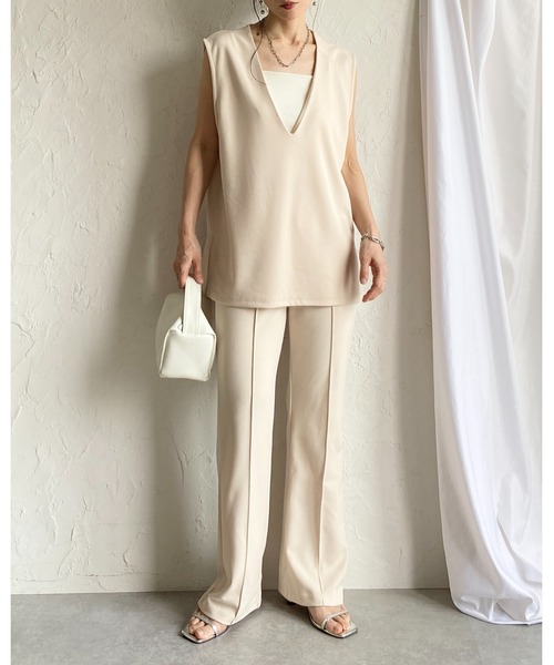 She's Closet（シーズクローゼット）の「ノーカラー深vネックベスト＆パンツスタイル セットアップ（セットアップ・レディース・ブラウン/アイボリー/ベージュ/ブラック・FREE）」の12枚目の写真