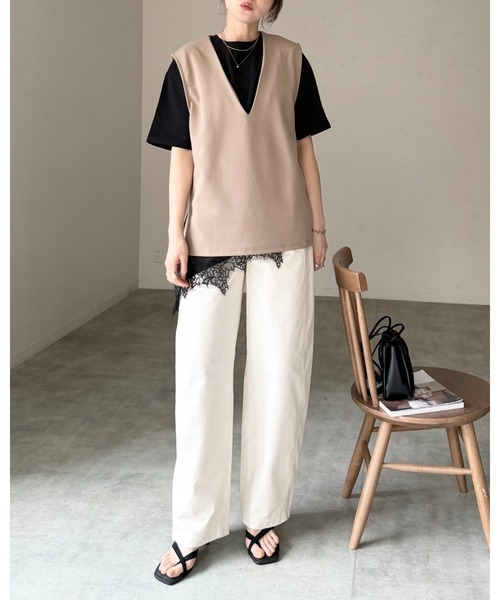 She's Closet（シーズクローゼット）の「ノーカラー深vネックベスト＆パンツスタイル セットアップ（セットアップ・レディース・ブラウン/アイボリー/ベージュ/ブラック・FREE）」の16枚目の写真