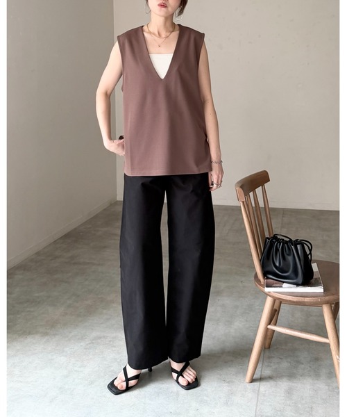 She's Closet（シーズクローゼット）の「ノーカラー深vネックベスト＆パンツスタイル セットアップ（セットアップ・レディース・ブラウン/アイボリー/ベージュ/ブラック・FREE）」の19枚目の写真