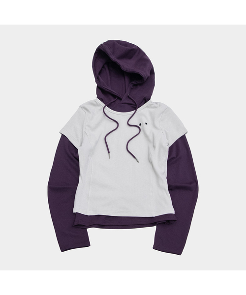 PLACE STUDIO(プレイススタジオ)の「アイレットポイントフード半袖レイヤードロングスリーブTシャツ_2COLOR(パーカー・レディース・チャコール/パープル・FREE)」の1枚目の写真