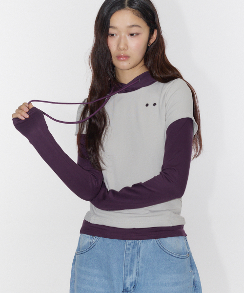 PLACE STUDIO(プレイススタジオ)の「アイレットポイントフード半袖レイヤードロングスリーブTシャツ_2COLOR(パーカー・レディース・チャコール/パープル・FREE)」の5枚目の写真