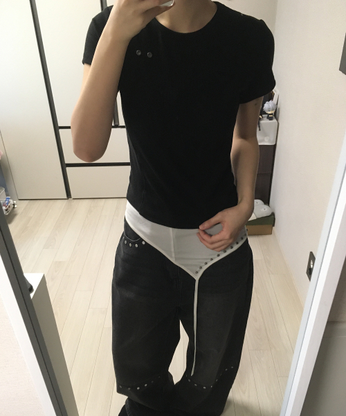 PLACE STUDIO(プレイススタジオ)の「アイレットポイントフード半袖レイヤードロングスリーブTシャツ_2COLOR(パーカー・レディース・チャコール/パープル・FREE)」の11枚目の写真