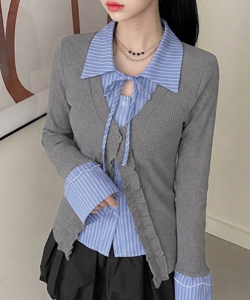 ストライプ柄シャツドッキング長袖ニットトップス（ニット/セーター