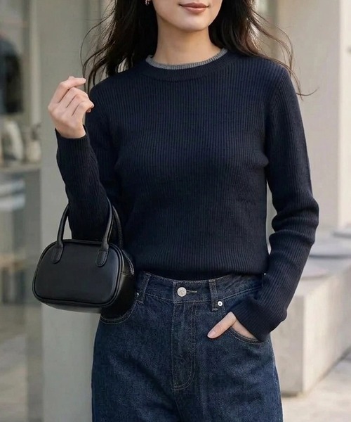 ANPAS(アンパス)の「Women’s Rib-Knit Layered Sweater with Contrast Collar / レディース リブ編み配色レイヤードセーター ニット 秋冬 トップス フェミニン(ニット/セーター・レディース・アイボリー/ブルー/ブラック/グレー・M/L)」の2枚目の写真