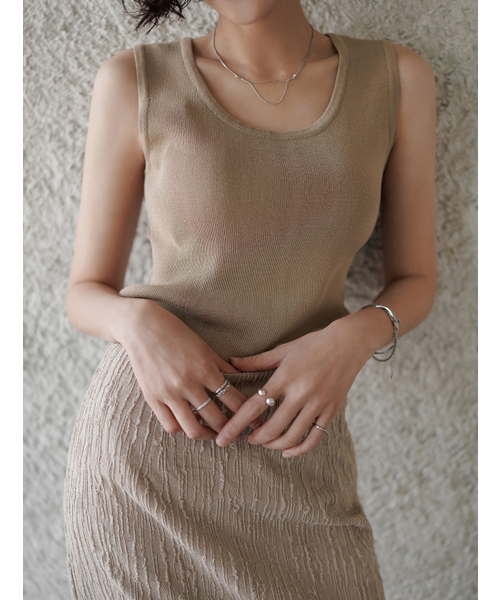 MEMUA(メムア)の「リネンライクサマー ニットスリーブレス(サンドベージュ)(Tシャツ/カットソー・レディース・サンドベージュ/ブラウン/ライム/ブラック/ホワイト/ダークベージュ・FREE)」の9枚目の写真